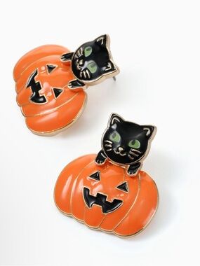 Black Cat on Orange Pumpkin Halloween Stud Earrings Hypoallergenic